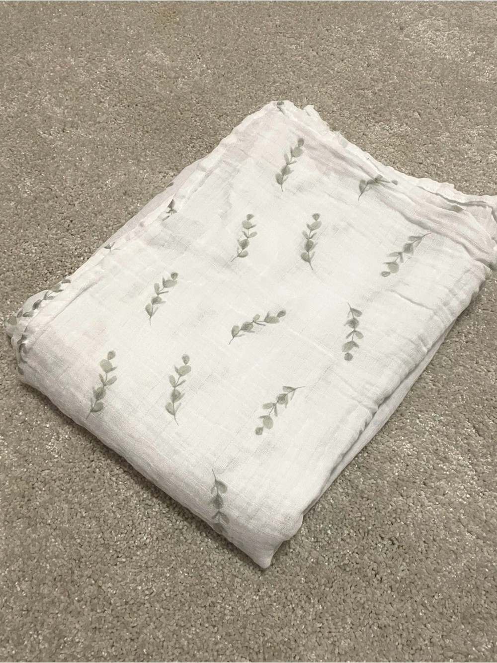 White Muslin Baby Swaddle Blanket with Green Leaf Print